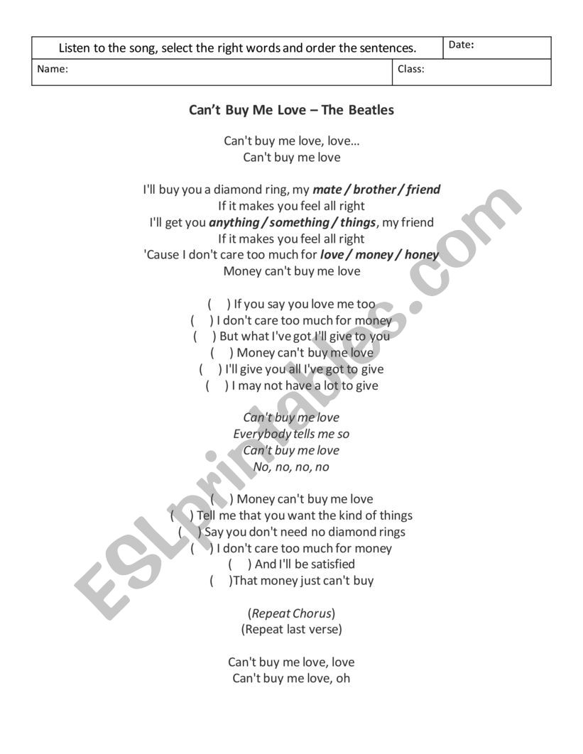 Cant Buy Me Love worksheet