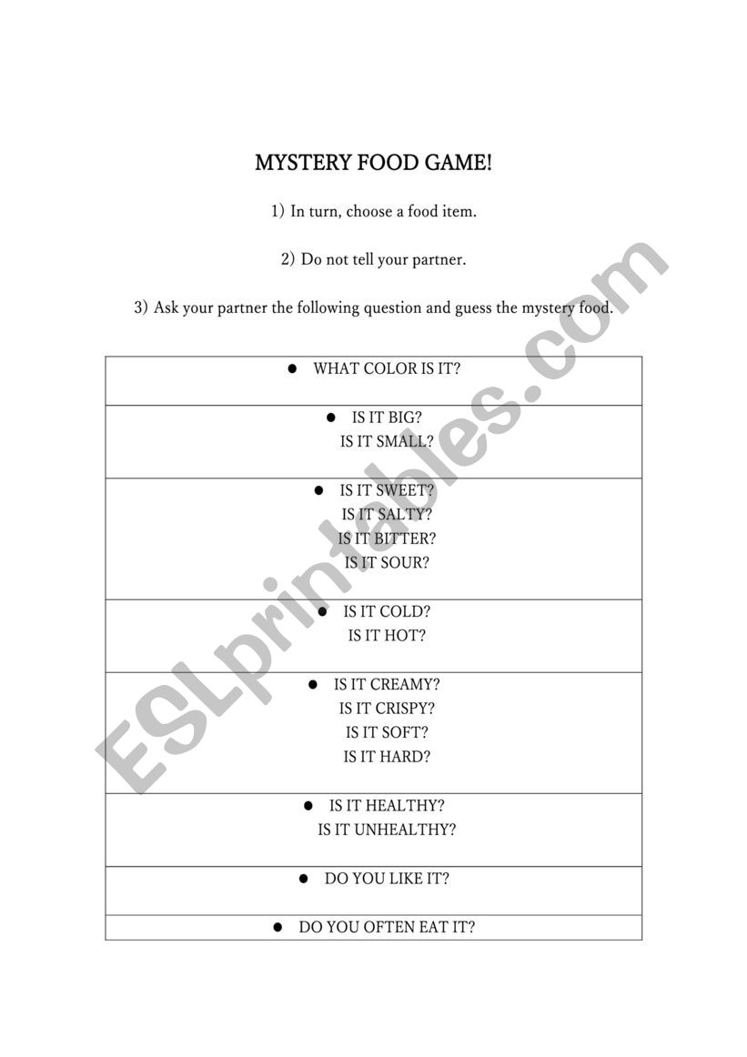 Guess the Mystery Food worksheet