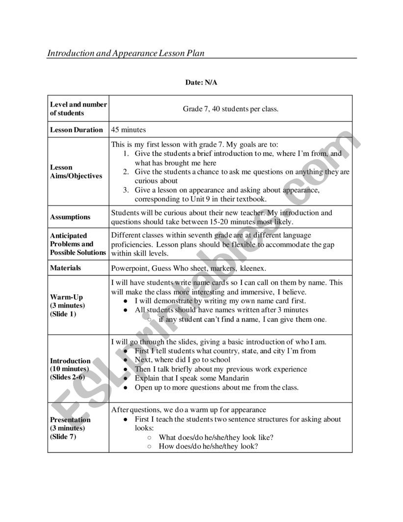 Appearance LP worksheet