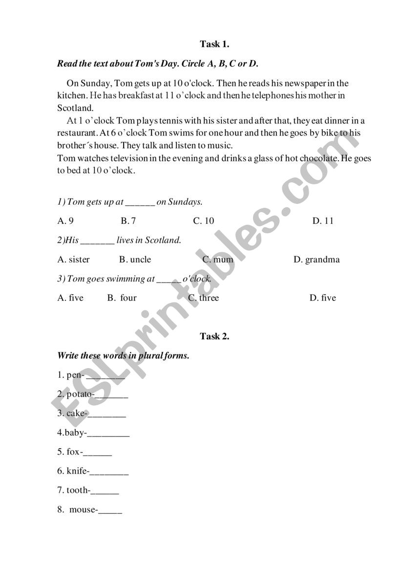 Test: Reading and plural nouns 