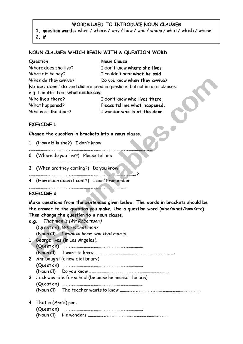 Noun  Clauses worksheet