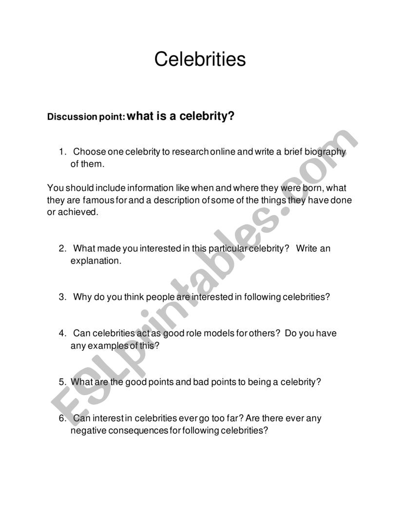 Celebrities worksheet