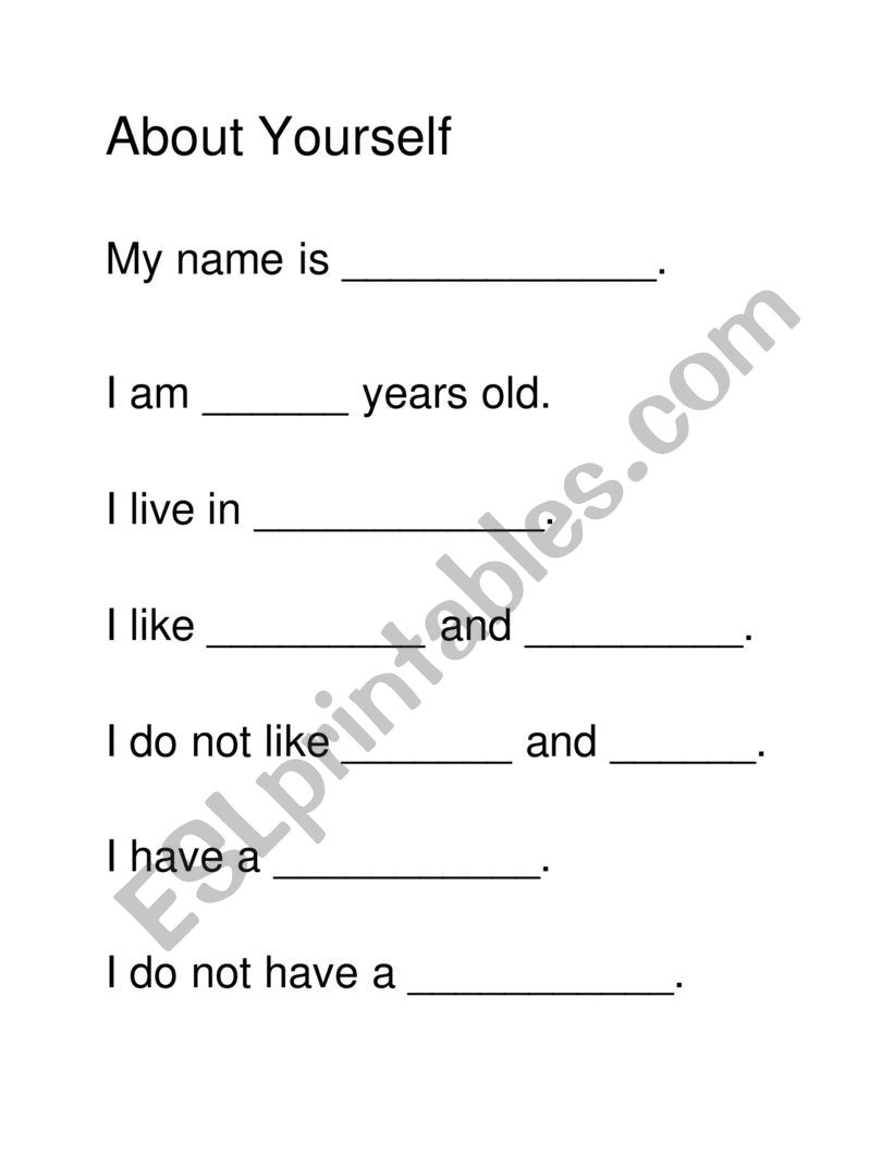 About Yourself - ESL worksheet by My Teacher Sarah