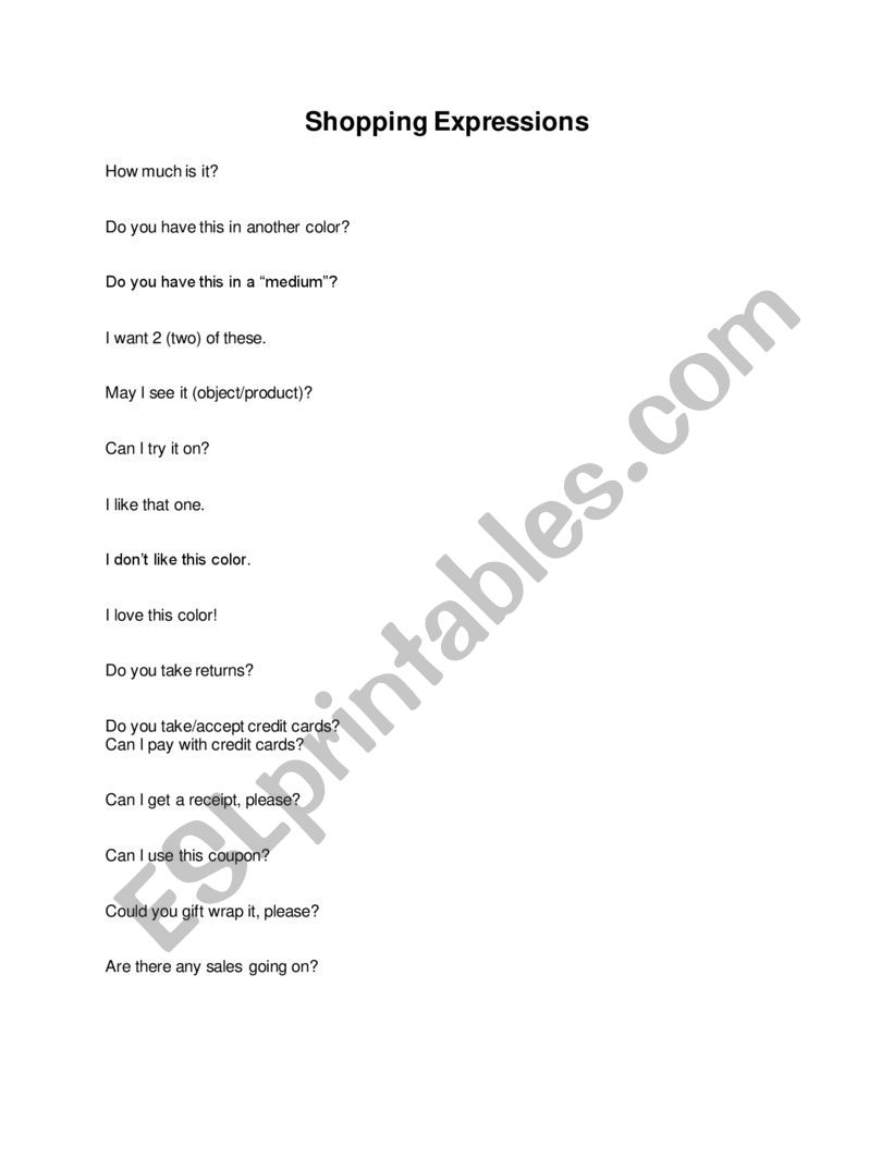 Shopping Expressions worksheet