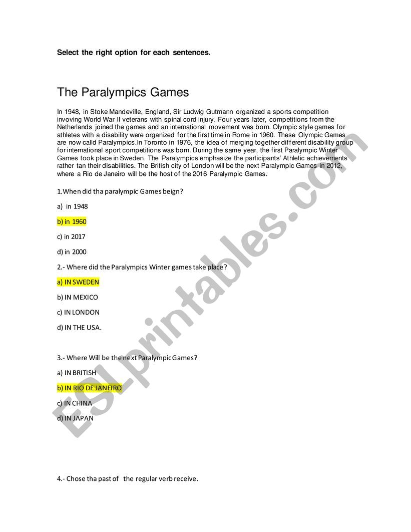 paraolimpics games worksheet