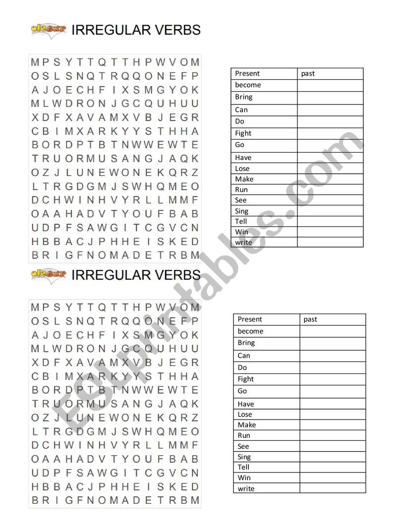 Irregular verbs puzzle worksheet