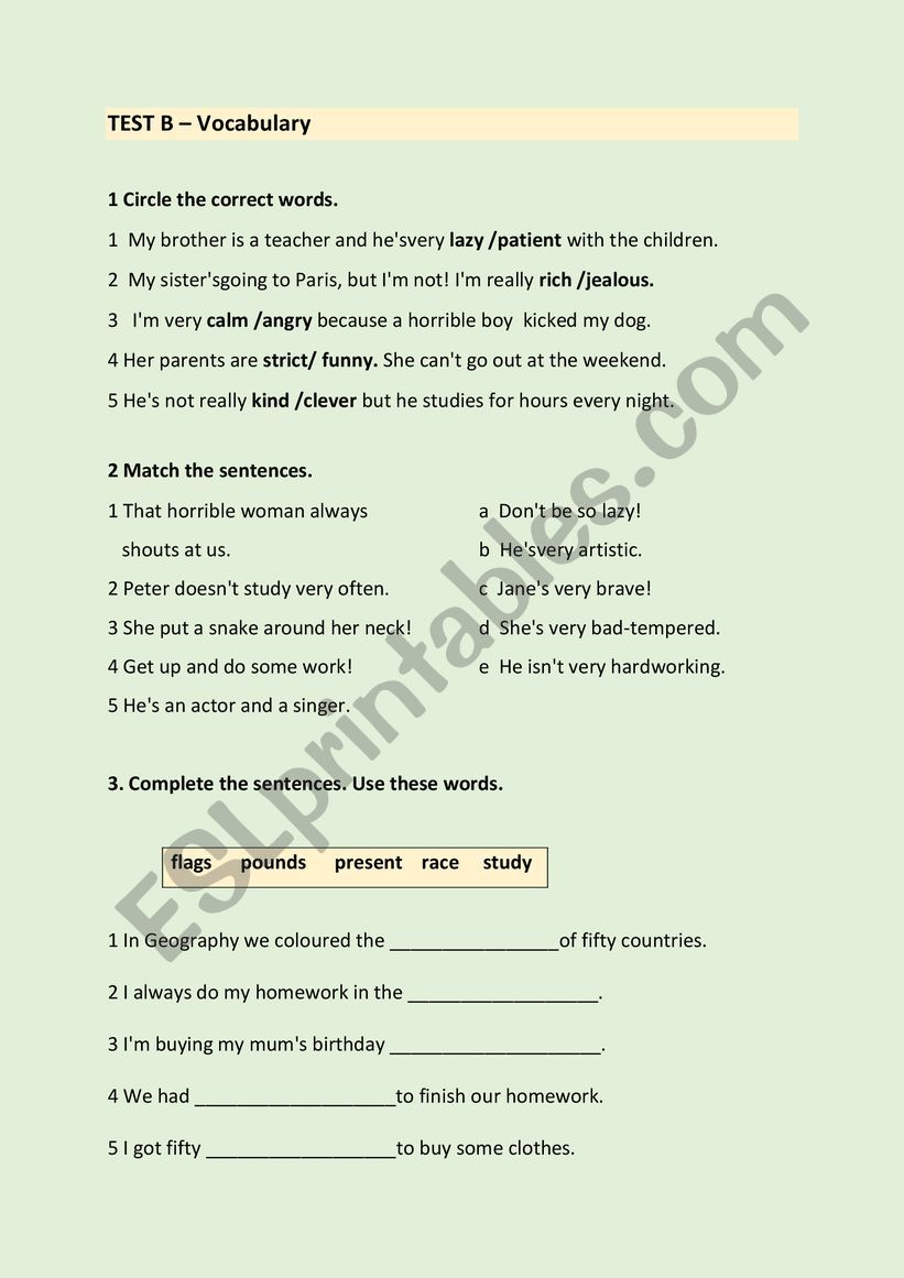 Test1 - vocabulary worksheet