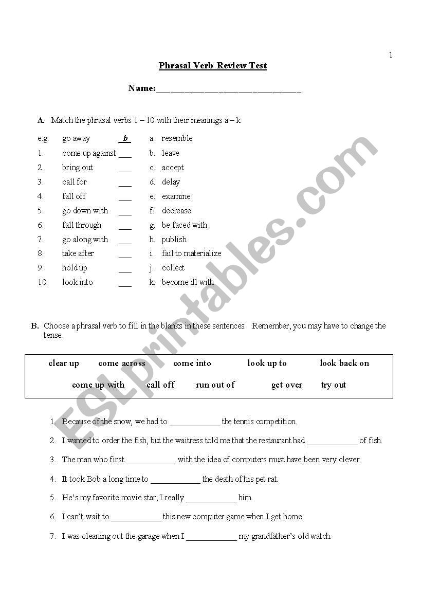 Phrasal Verb Review Test worksheet