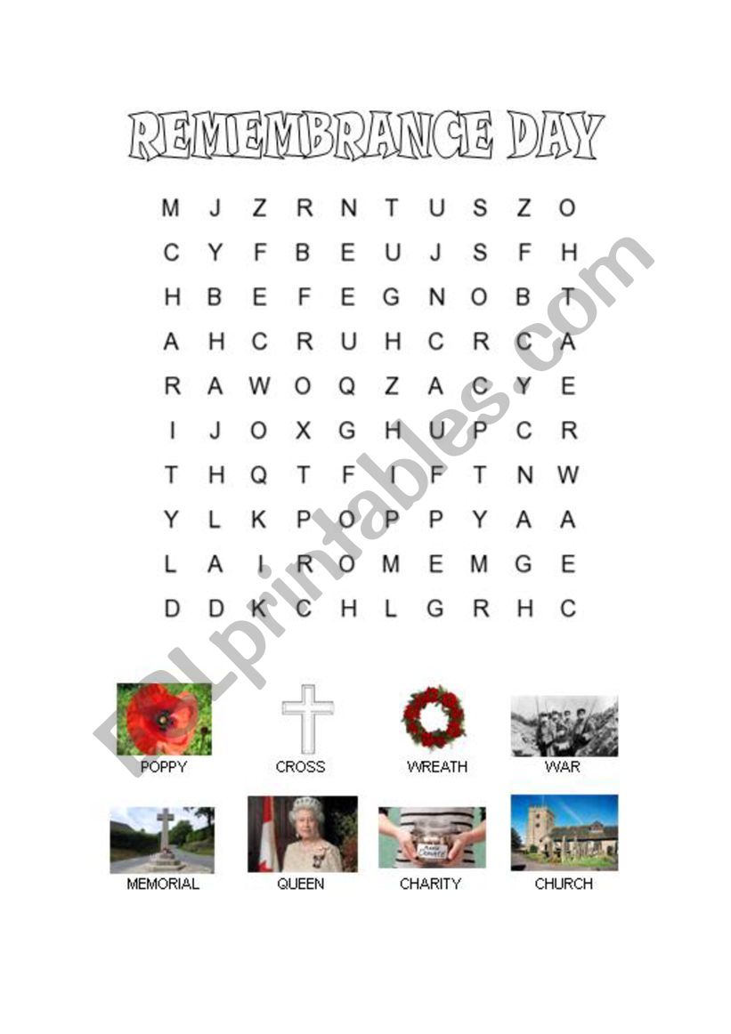 Remembrance day wordsearch worksheet