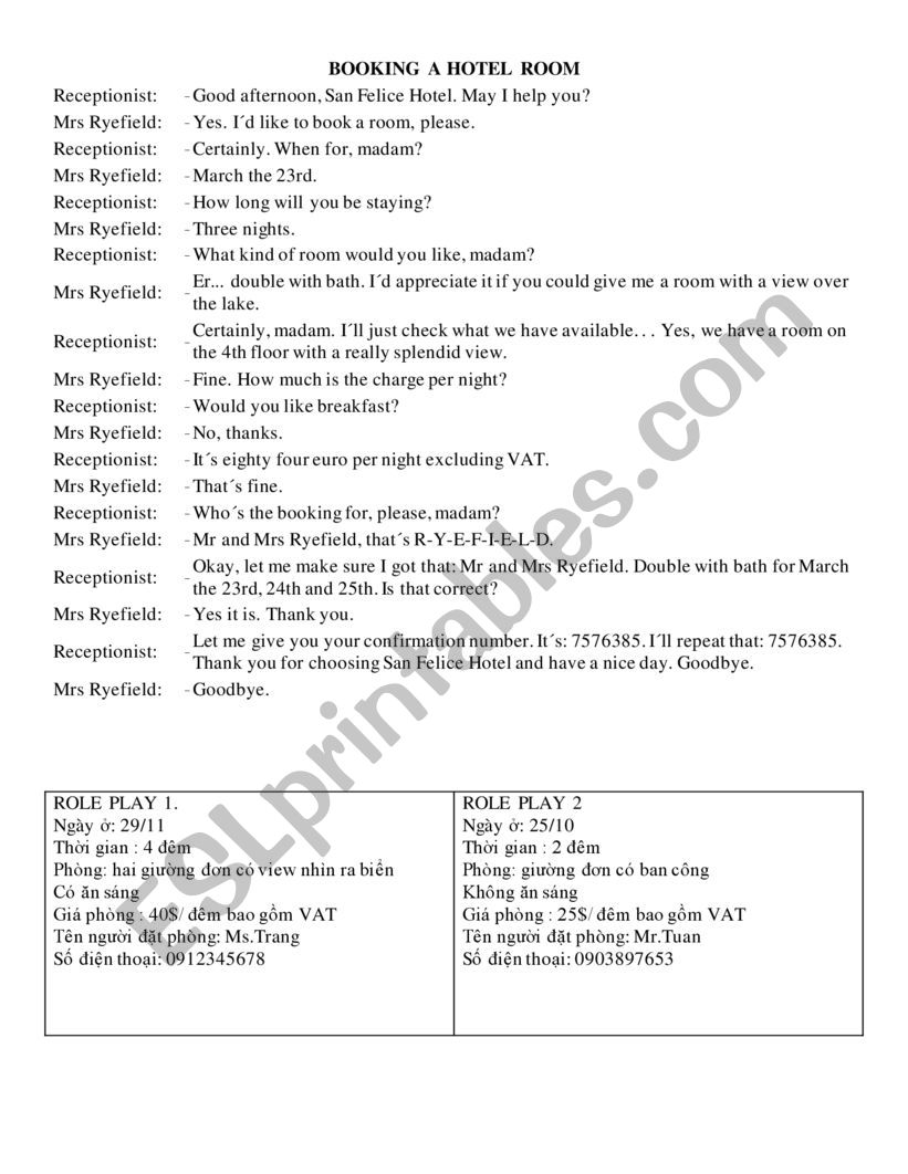 booing a hotel worksheet