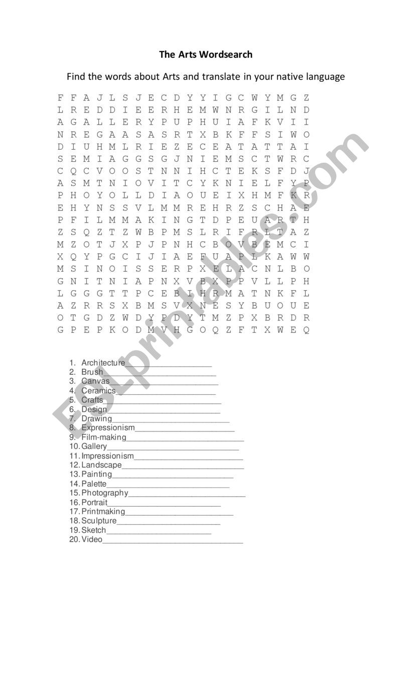 The Arts Wordsearch worksheet