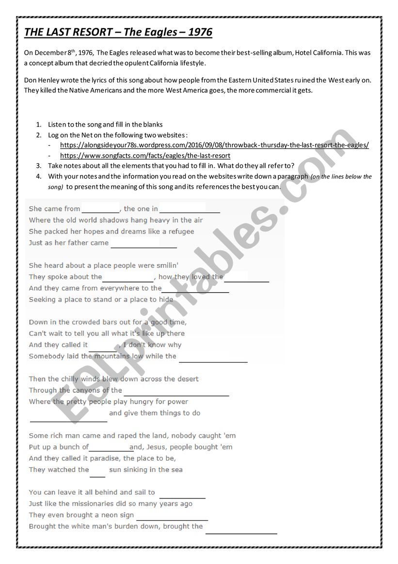 the last resort SONG worksheet