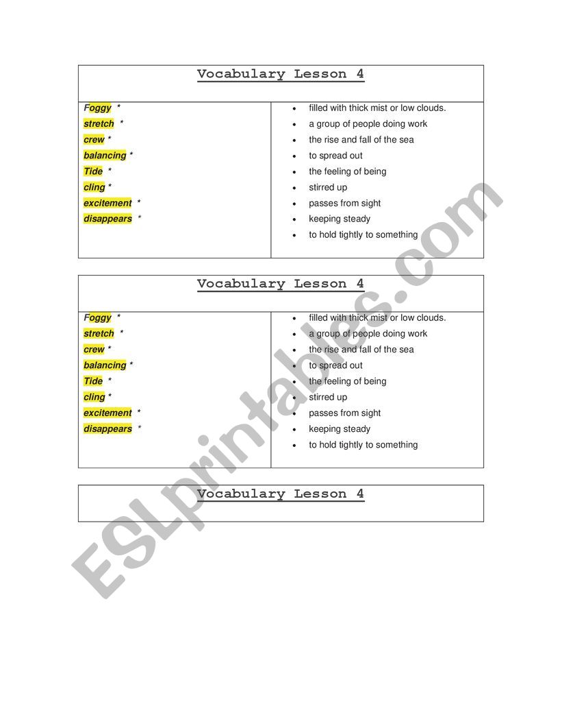 vocabulary and words matching activity.