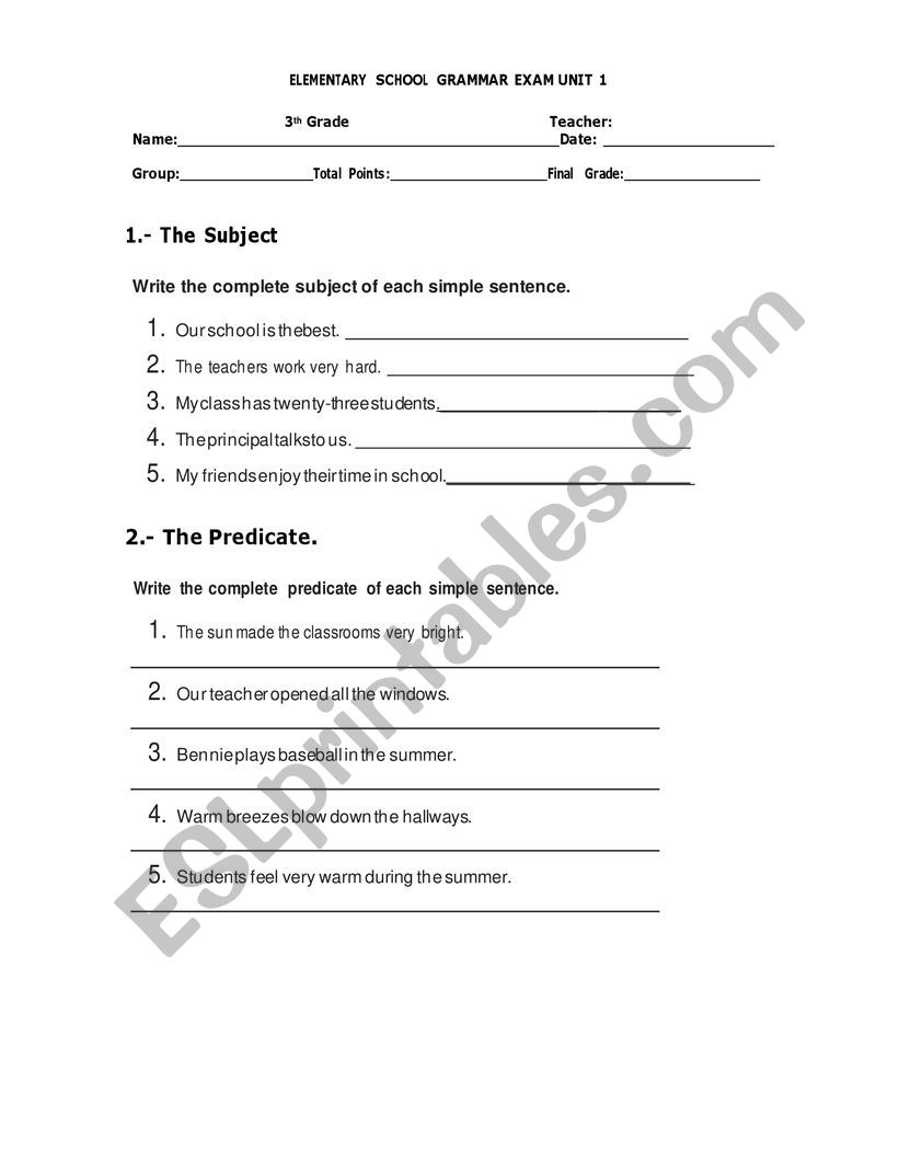 Grammar exam 3rd grade EDITABLE