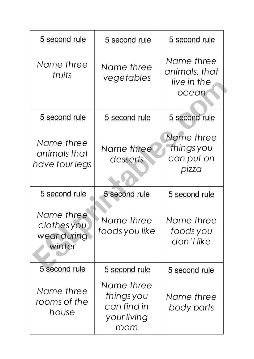 5 Secon rule worksheet