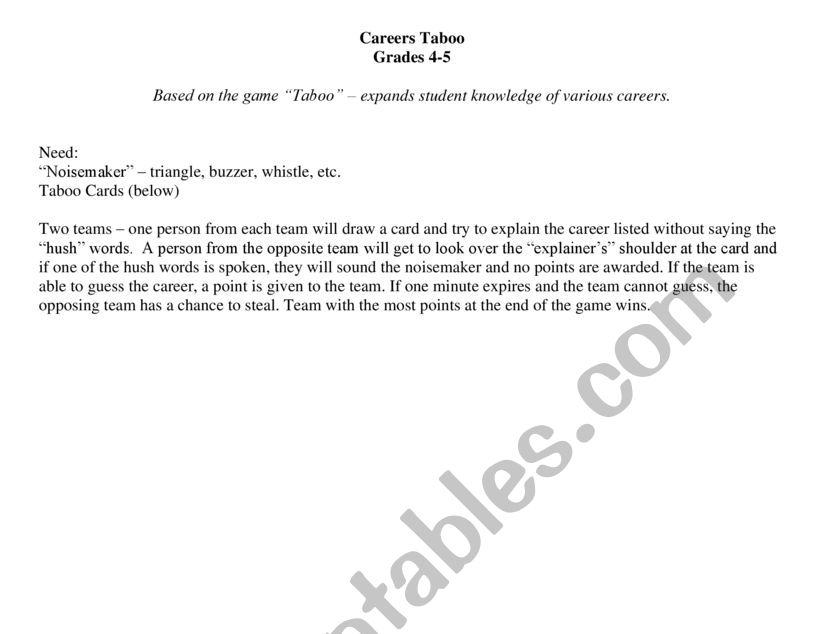 Career Taboo Word game worksheet