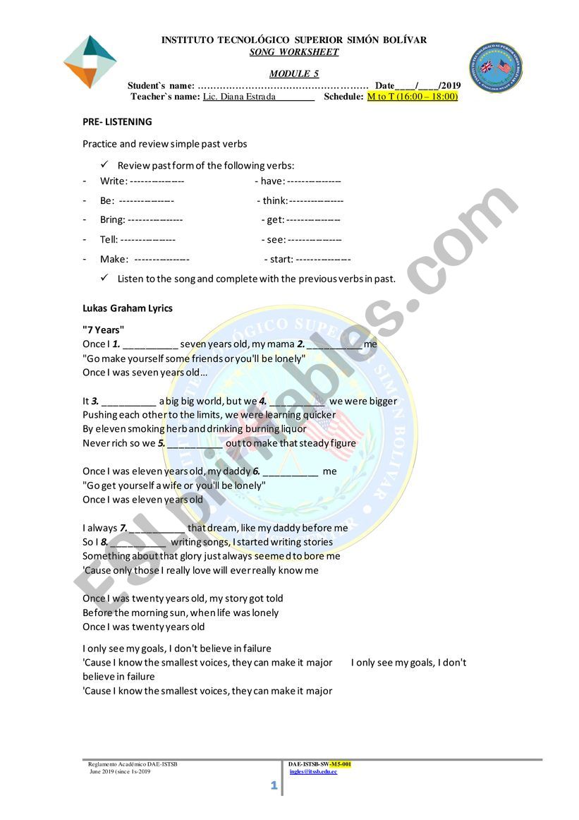 seven years old song worksheet