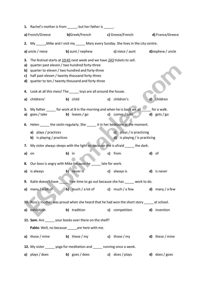 Placement test worksheet