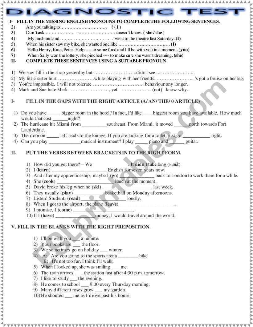 DIAGNOSTIC TEST worksheet