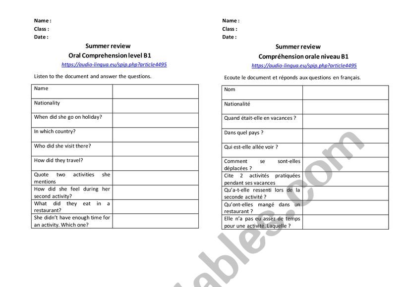 My holidays in Australia oral comprehension