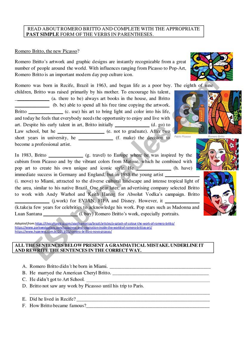 Romero Brittos biography worksheet