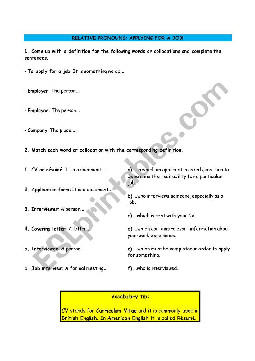 RELATIVE PRONOUNS: APPLYING FOR A JOB!