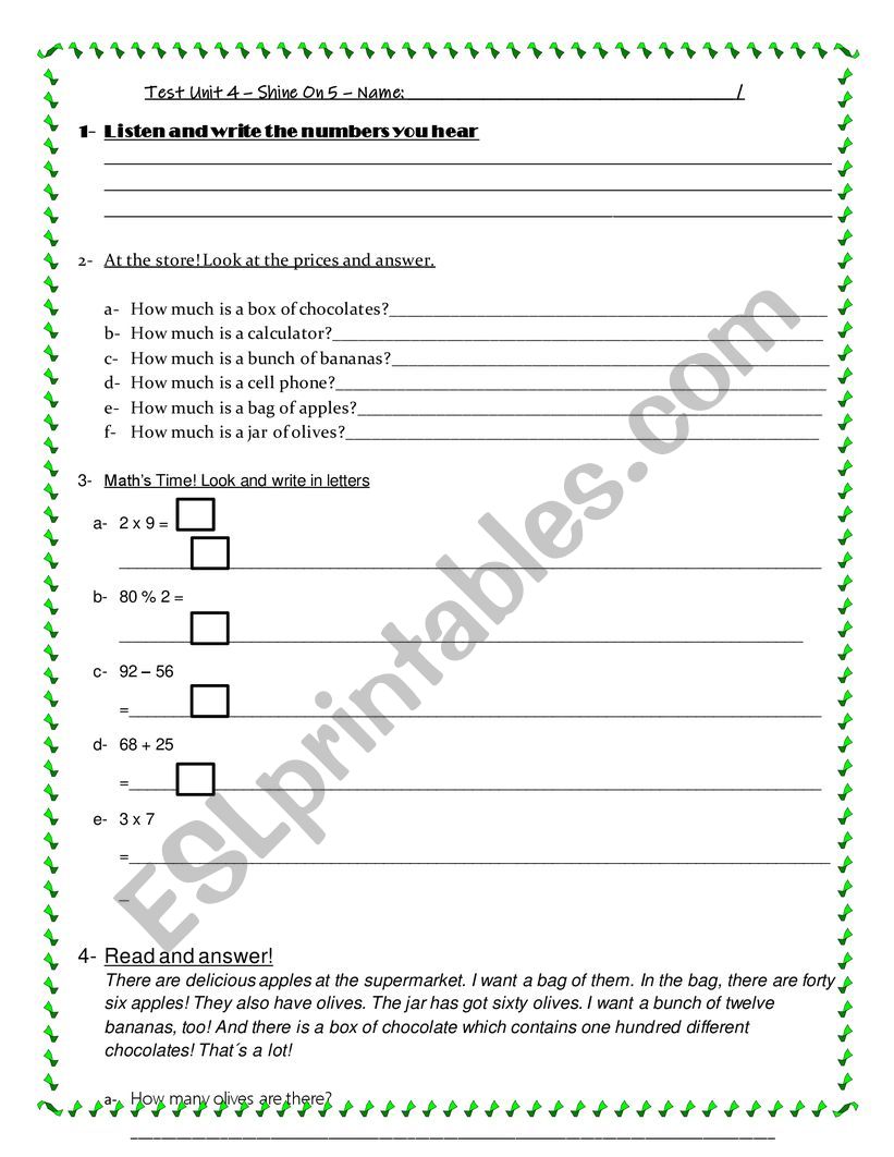 Shine On 5 - test unit 4 worksheet