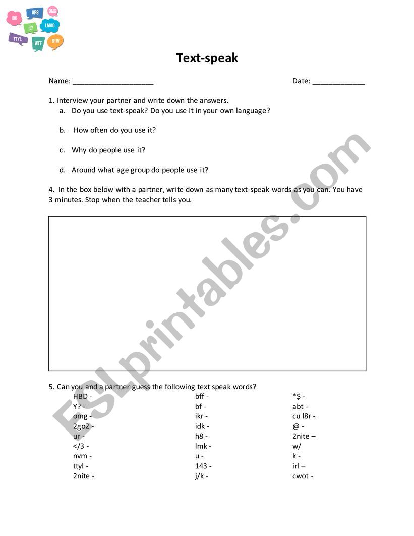 Text Speak worksheet