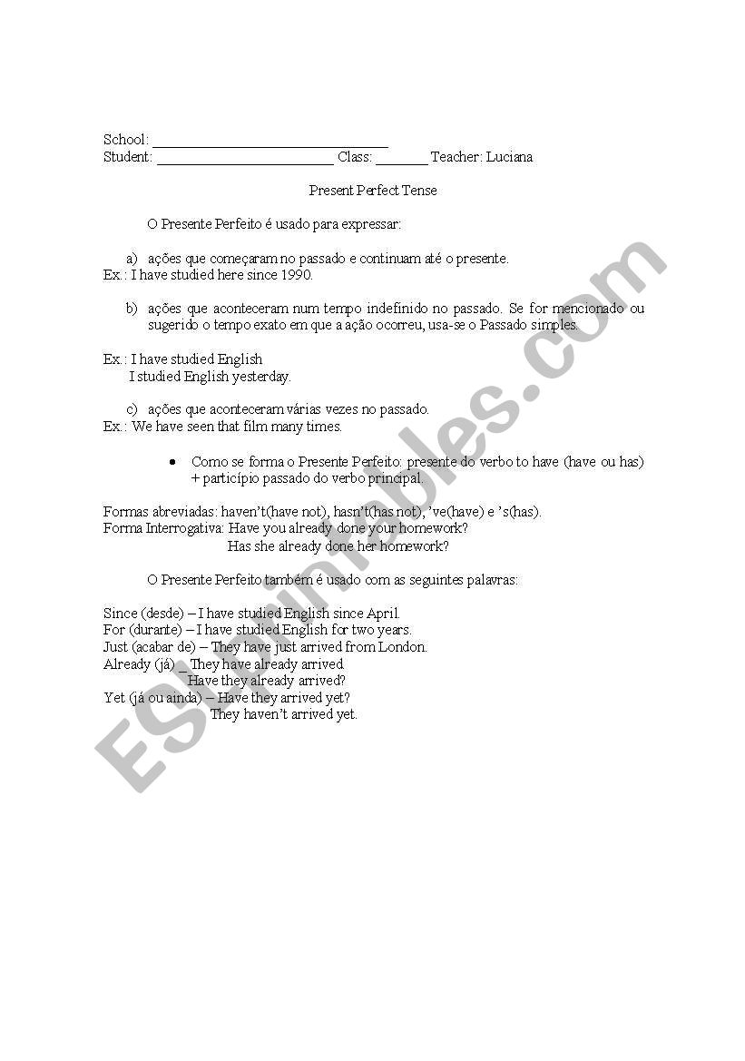 Present Perfect worksheet