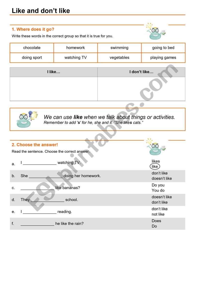 Grammar Like and dont like worksheet