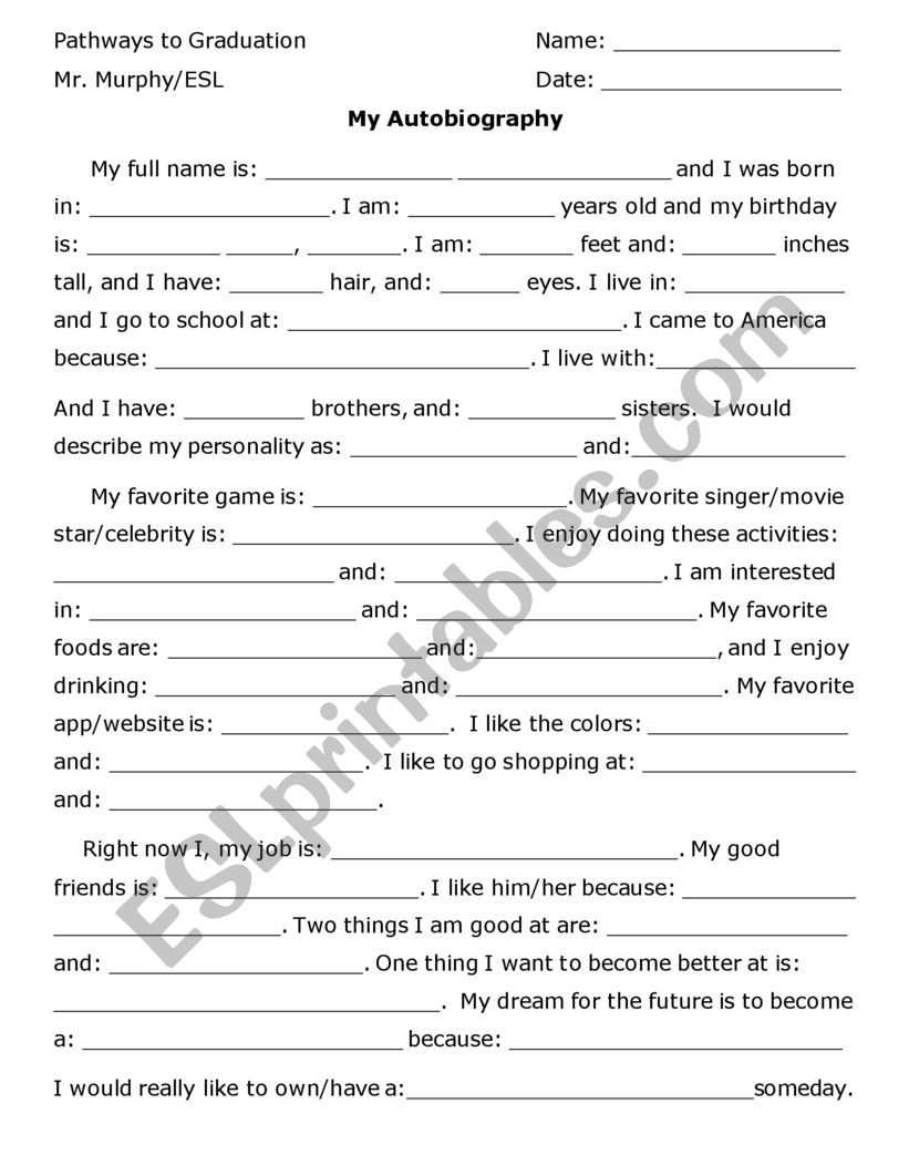 writing autobiography worksheet