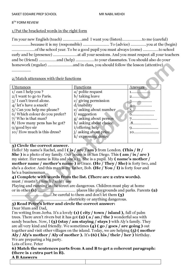 8th form review worksheet