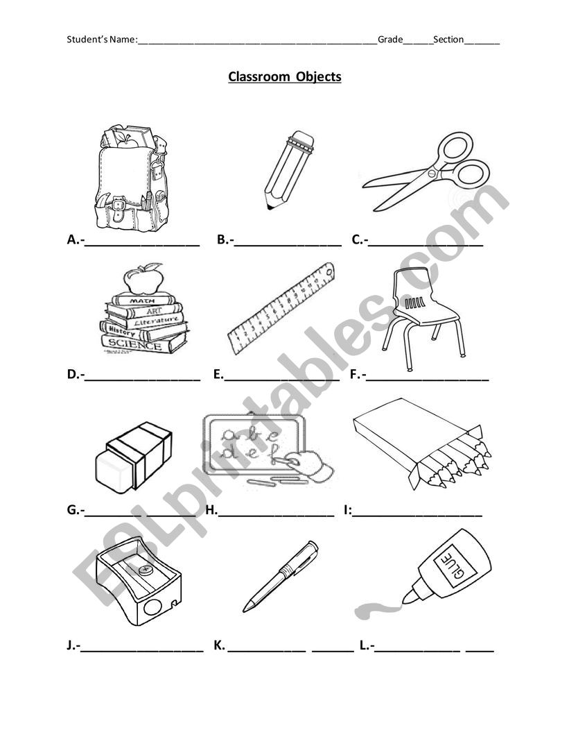School objects worksheet