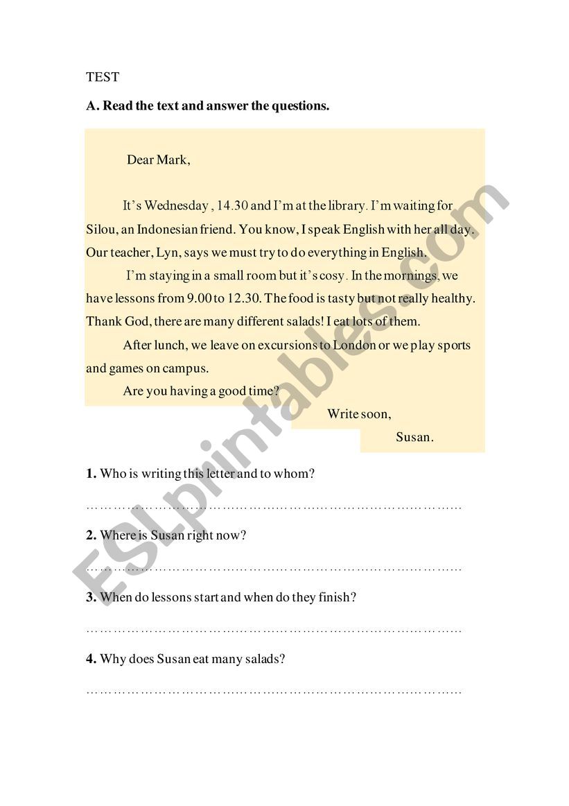 TEST - Reading Comprehension worksheet