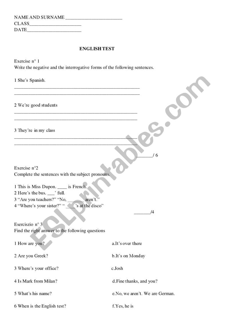 Test for adults course worksheet