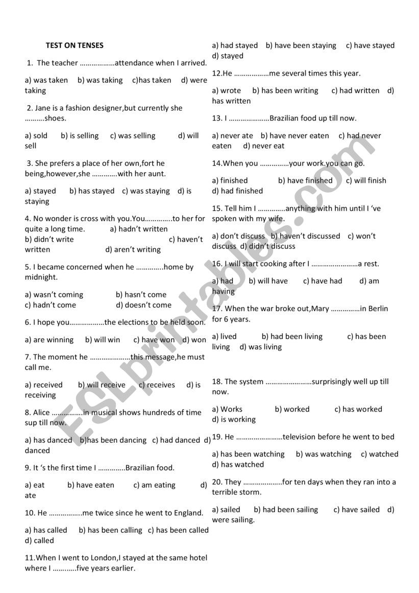 Test for TENSES worksheet
