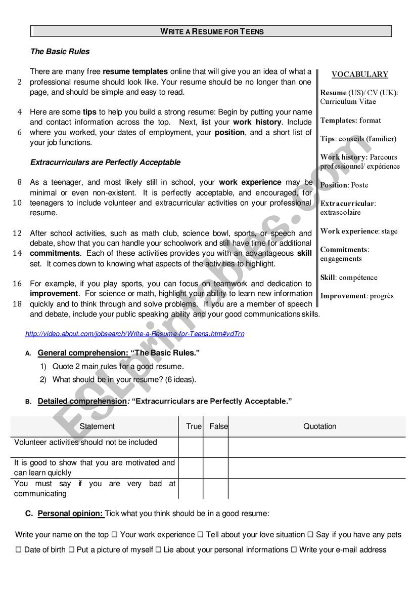 Write a resume for teens worksheet