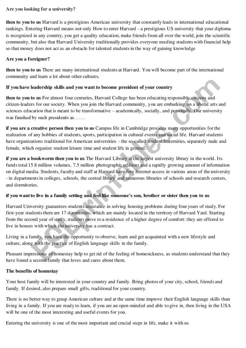 Harvard University worksheet