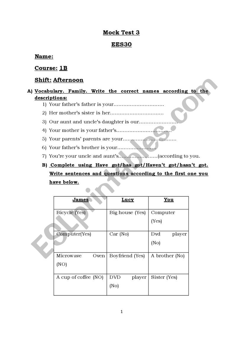 Test level elementary for 1st year High school