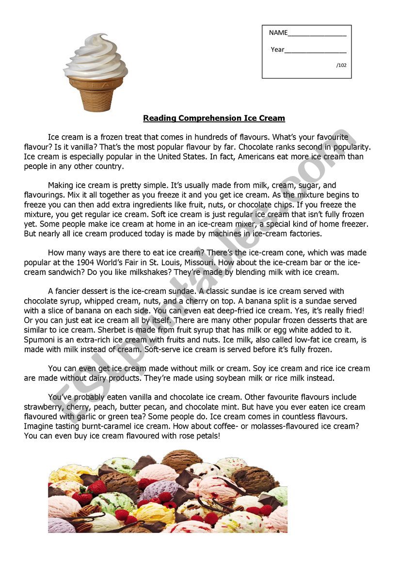 Ice cream comprehension worksheet