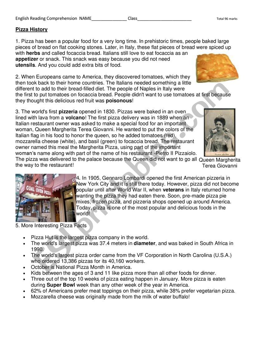 Pizza History worksheet