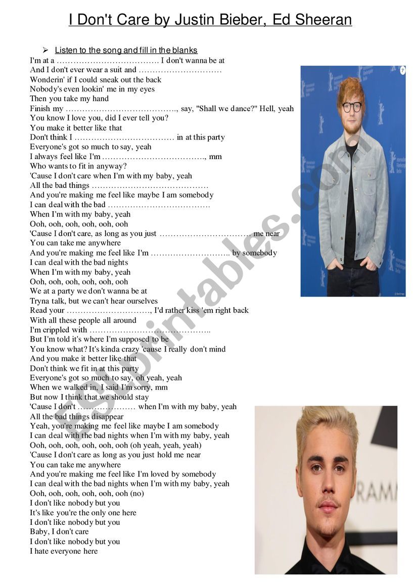 ed sheeran and jstin beiber worksheet