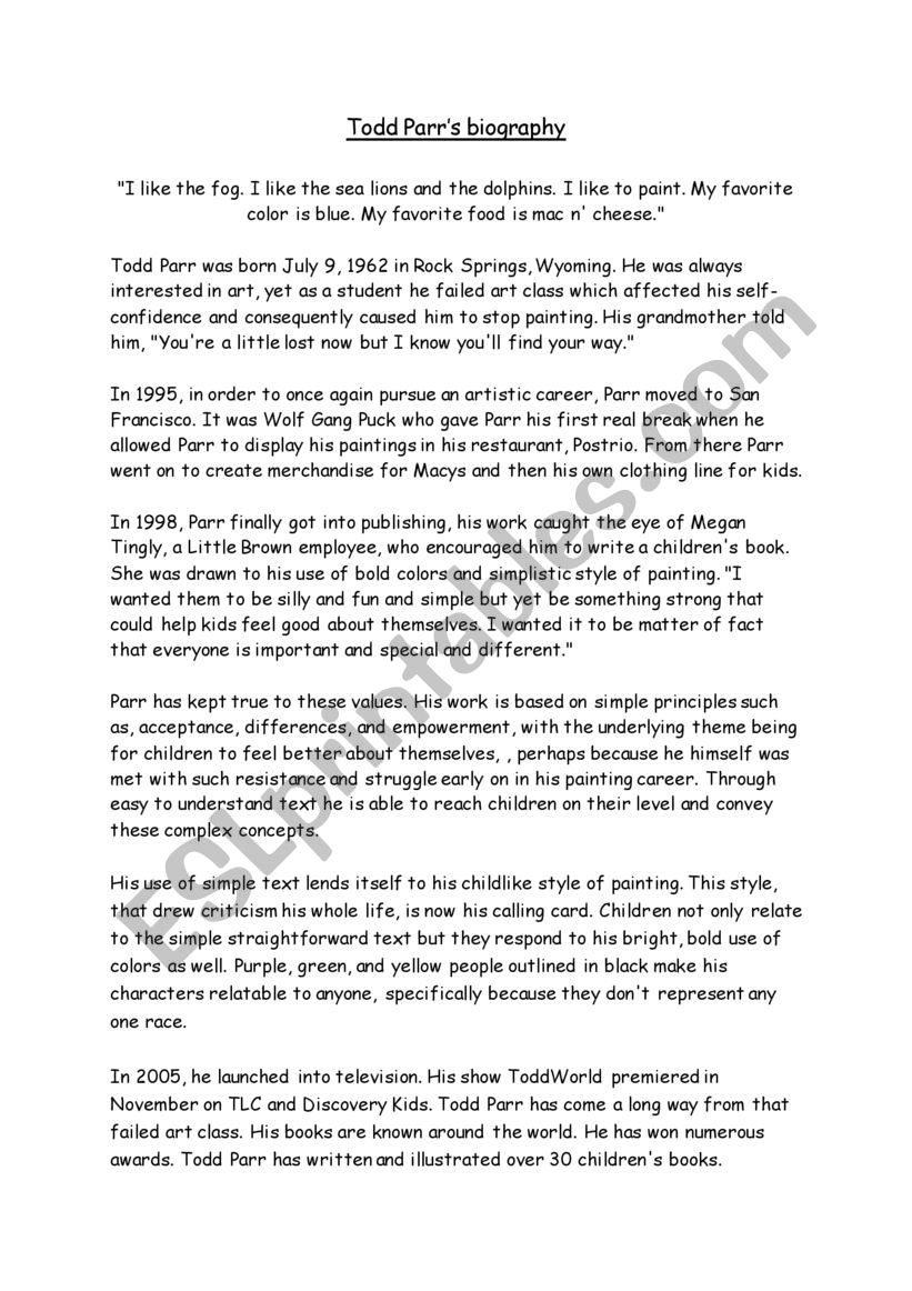 Todd Parrs biography worksheet