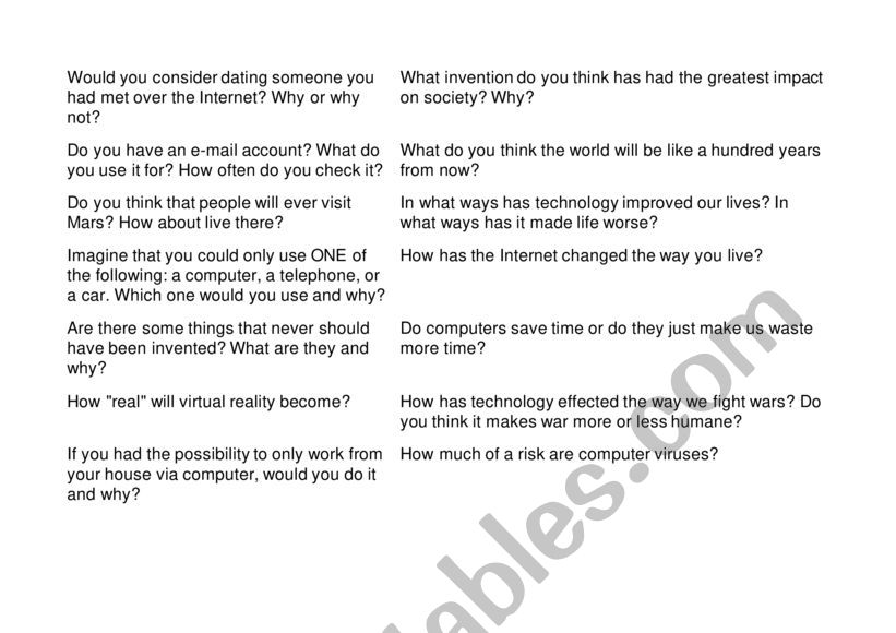 Technology Questions worksheet