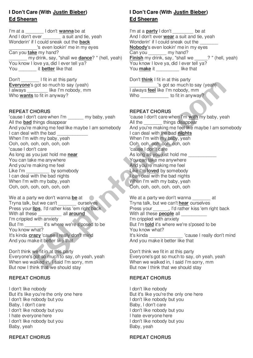 I dont care (Ed Sheeran) worksheet