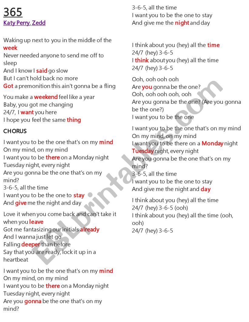 KAty Perry 365 Lyrics activity 