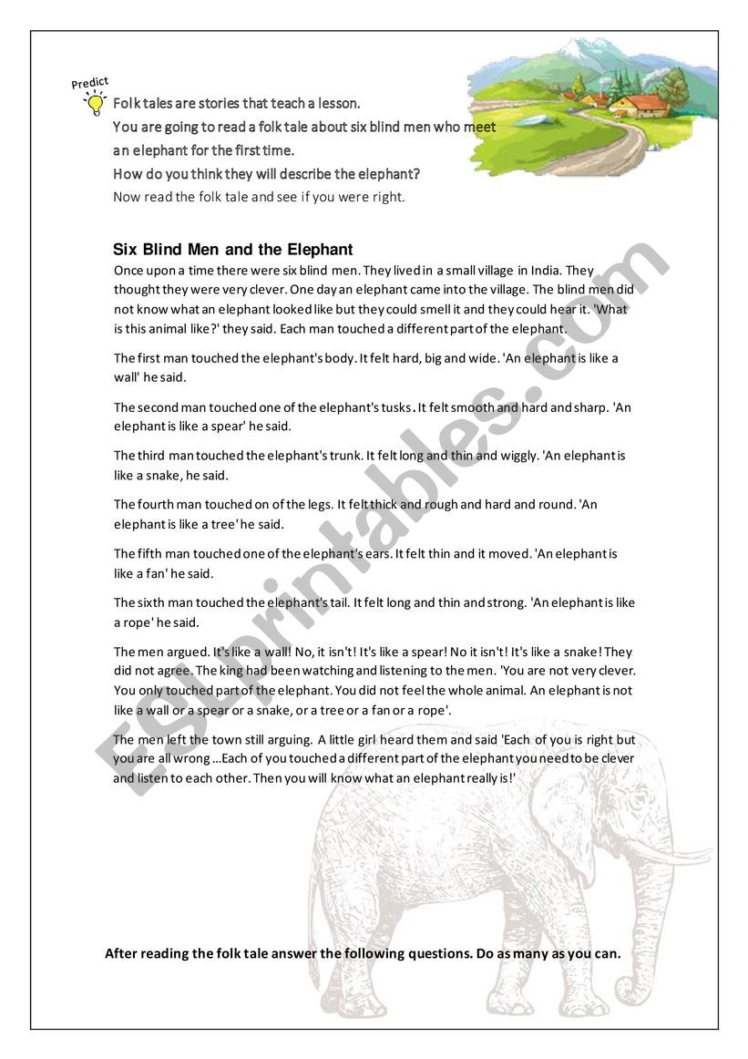 The blind men and the elephant folk tale worksheet 