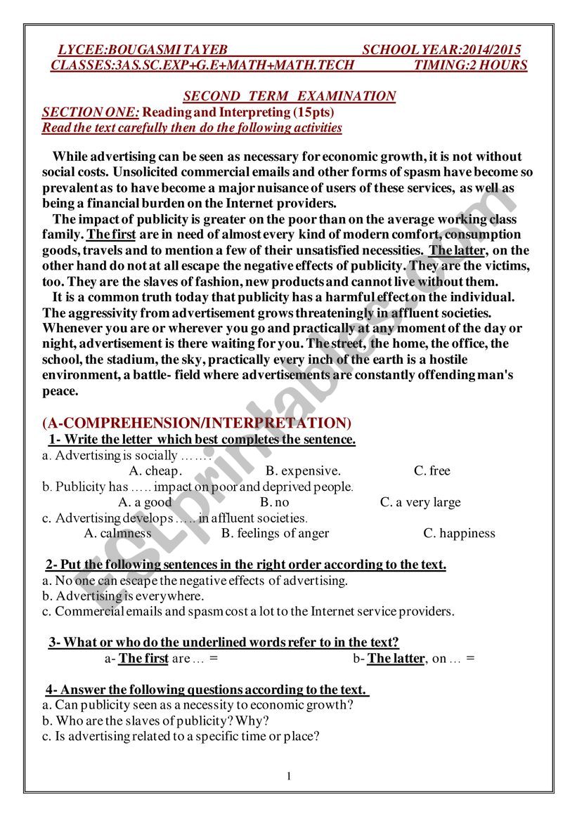 exam worksheet