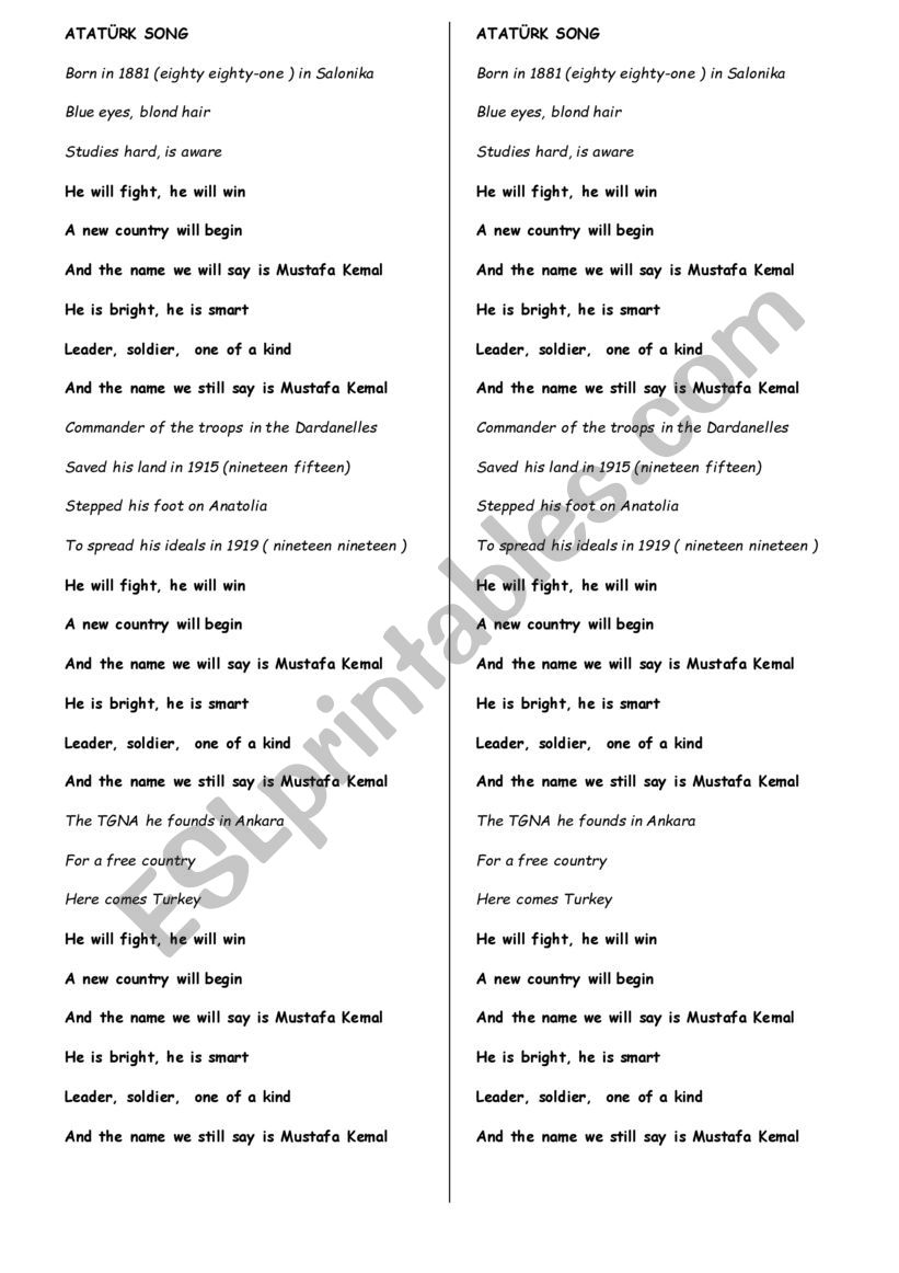 song worksheet