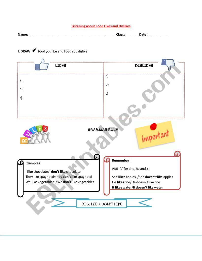 Likes and Dislikes about food worksheet